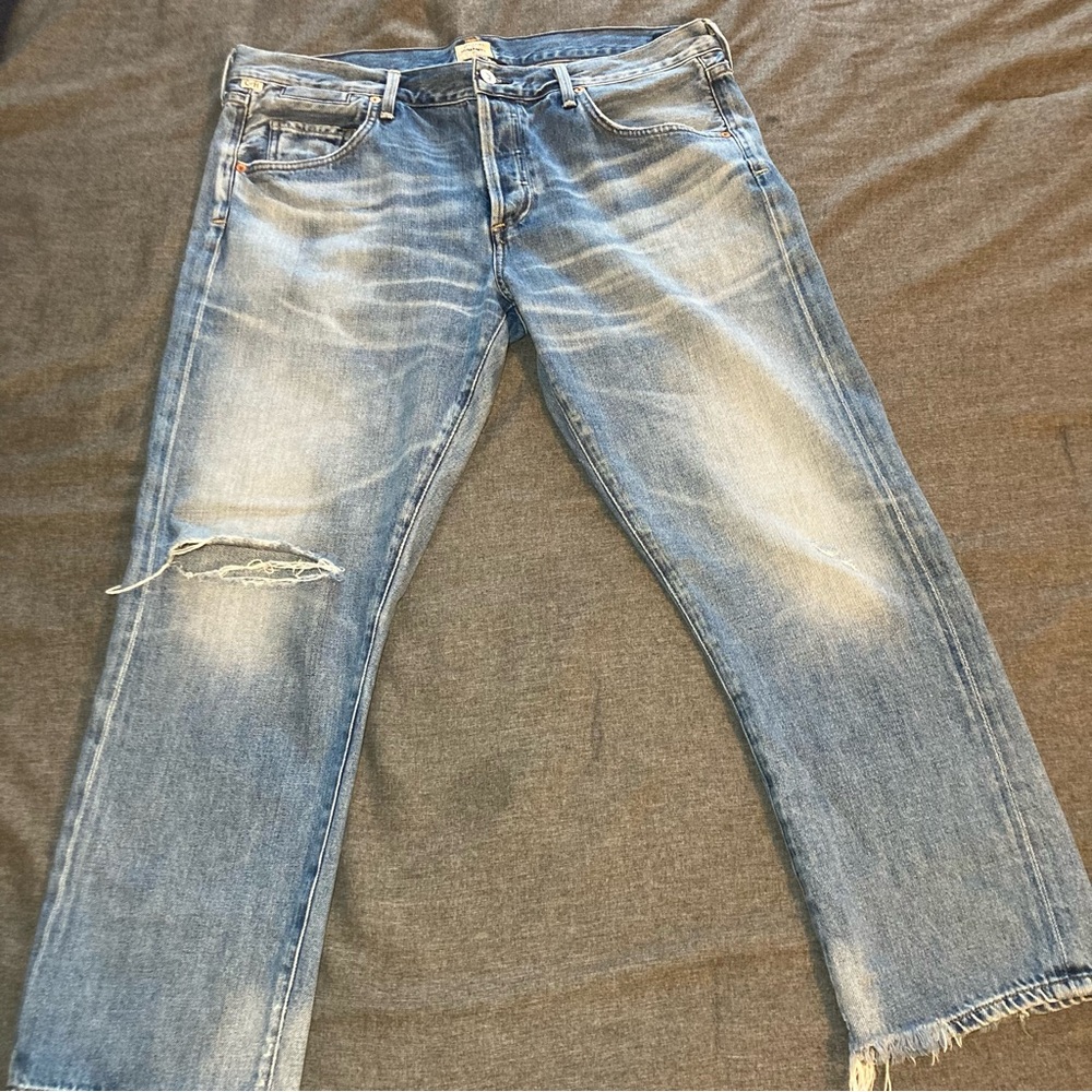 Light Blue Women's Distressed Straight-Leg Jeans